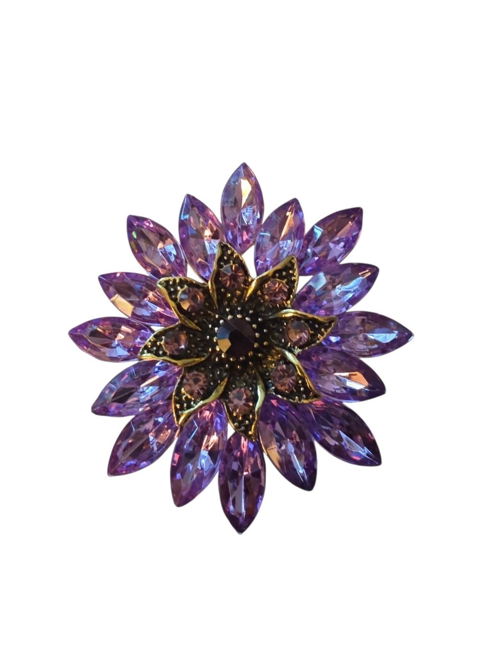 Purple Crystal Sunburst Flower Brooch